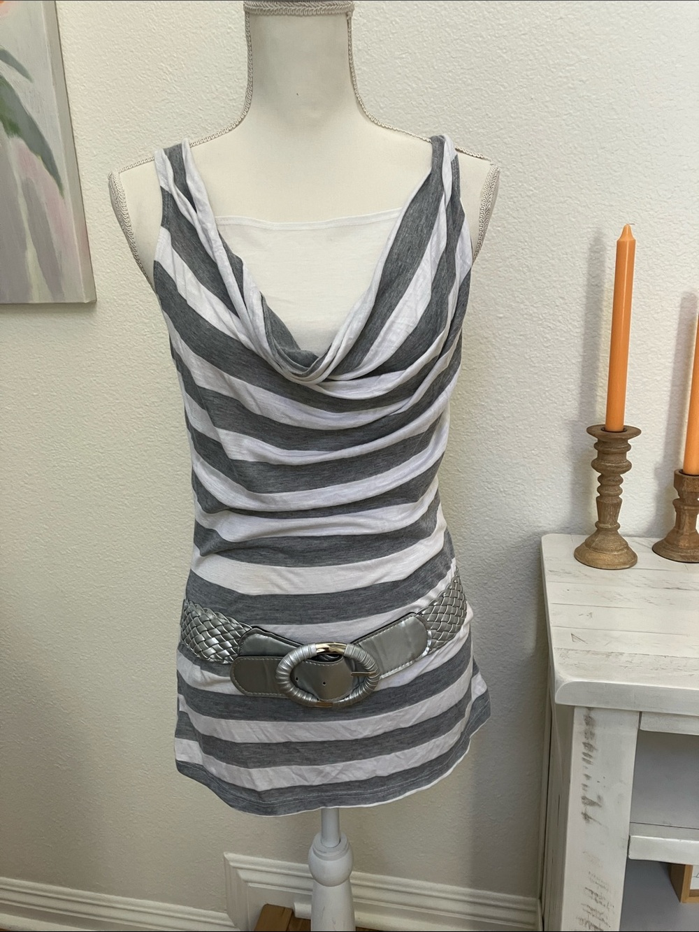 Y2k Rue21 Gray & White Striped Cowl Neck Tank